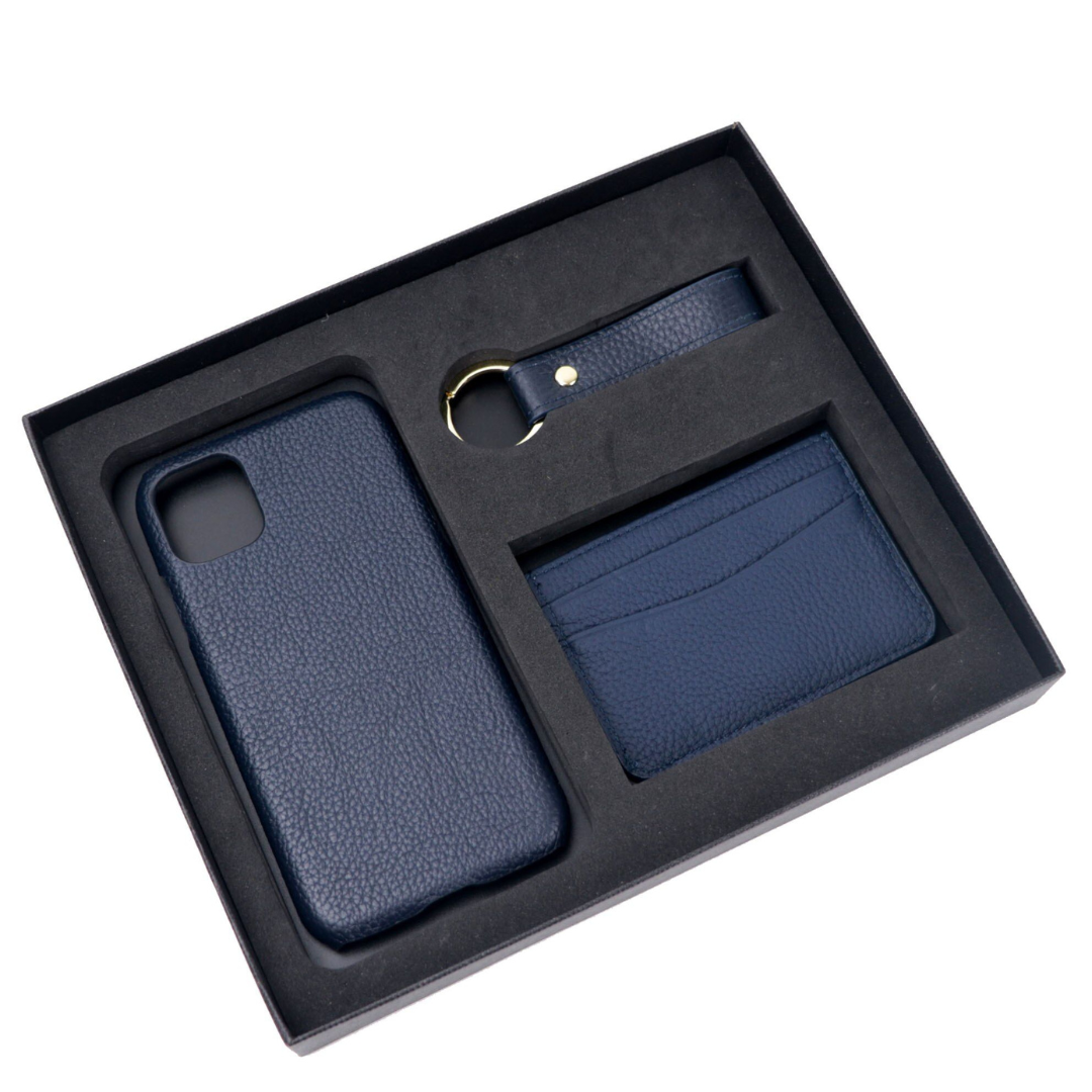Personalisierbar: Geschenkset [Initialen] - Echtleder Kartenetui, Schlüsselanhänger & Handyhülle für Apple iPhone